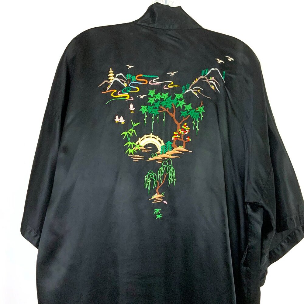 Vintage Longevity Black Satin Rayon Hand Embroidered Kimono Robe Sz M - Picture 5 of 16